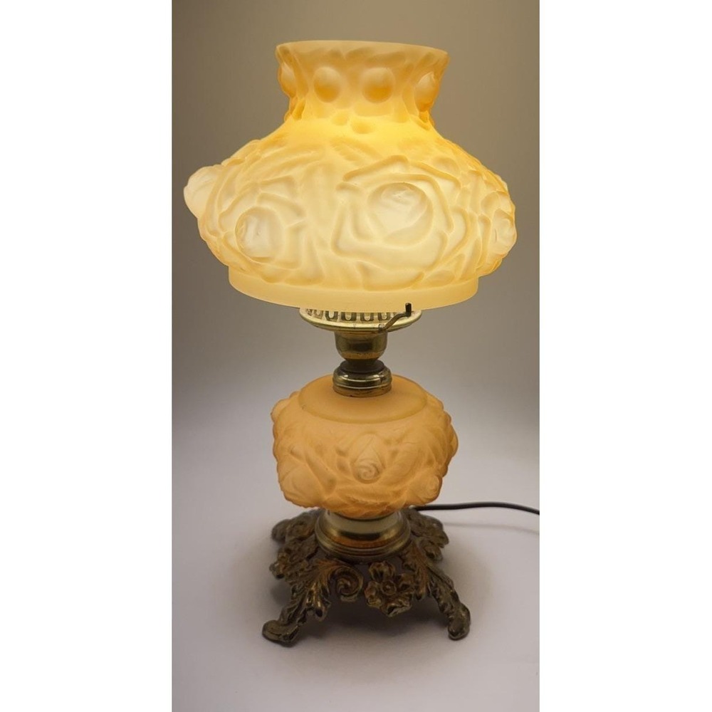 Fenton L.G. Wright Honey Amber Cased Glass Embossed Roses Electric Table Lamp